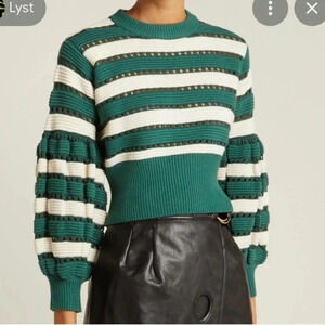Self Portrait Striped Puff Sleeve Sweater Green Cream Size L